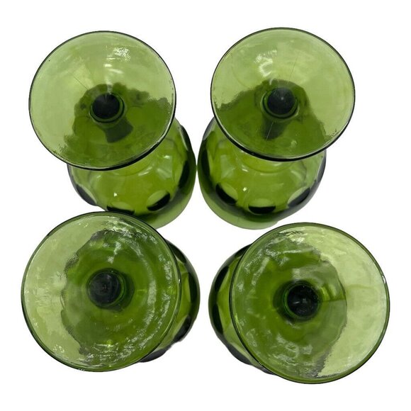Set Of 4 Green Coin Dot Bartlett Collins Goblets Footed Thumbprint Pedestal Glas - Picture 5 of 13